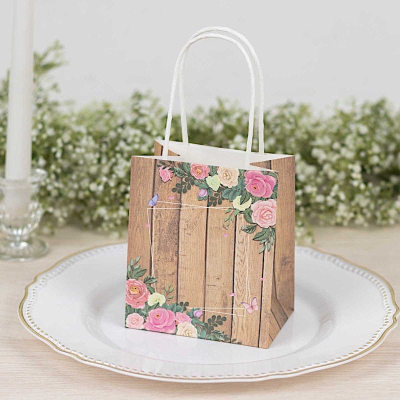 12 Natural Wood Print Paper Gift Bags with Rose Floral Accent