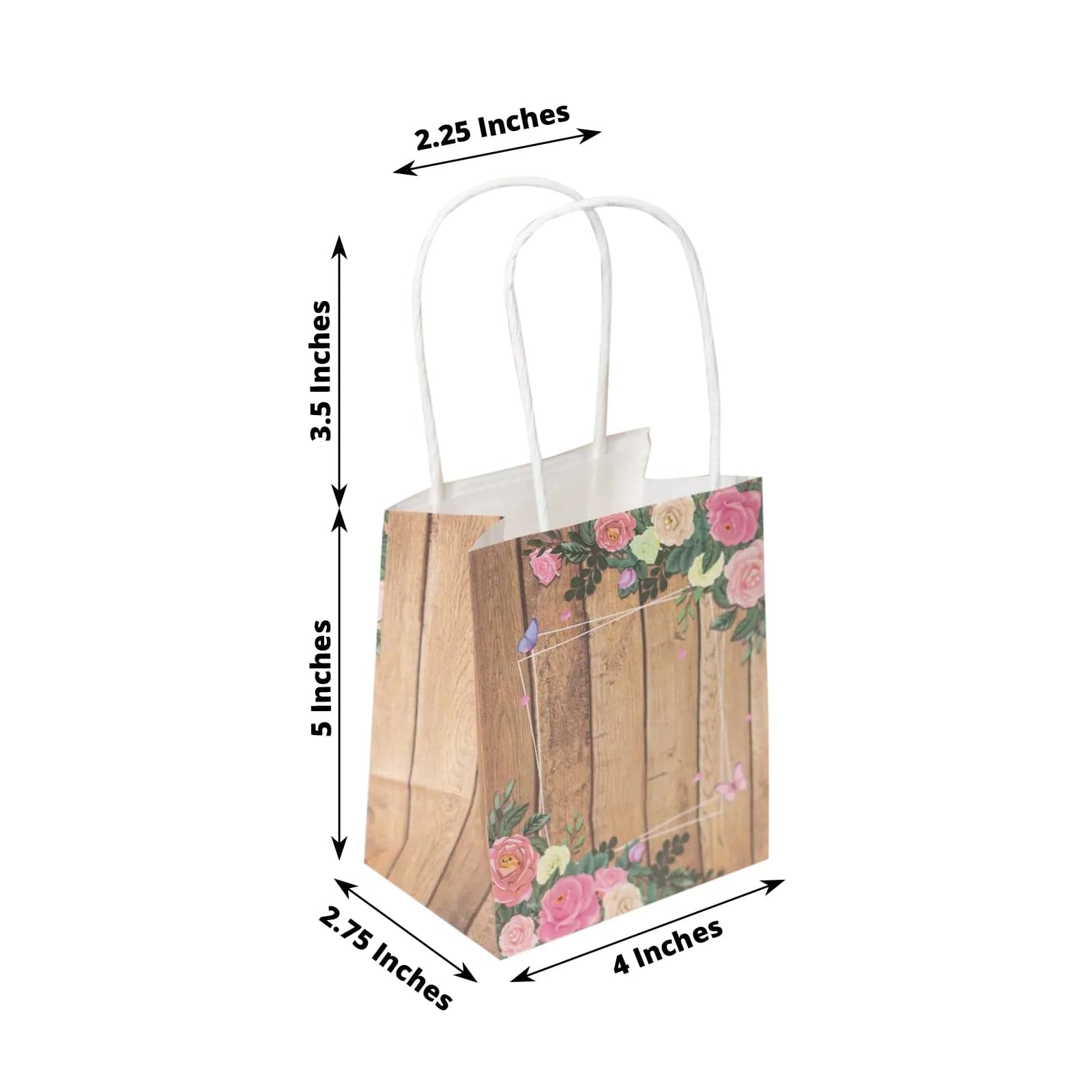 12 Natural Wood Print Paper Gift Bags with Rose Floral Accent