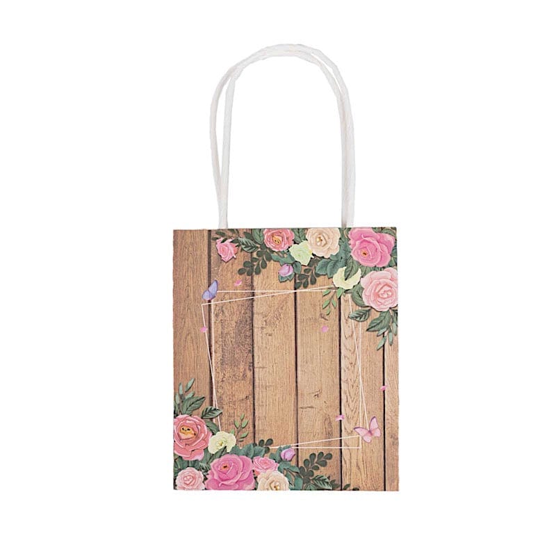 12 Natural Wood Print Paper Gift Bags with Rose Floral Accent