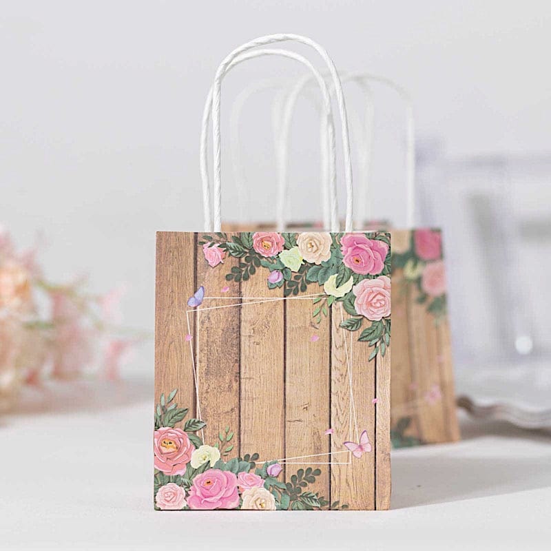 12 Natural Wood Print Paper Gift Bags with Rose Floral Accent