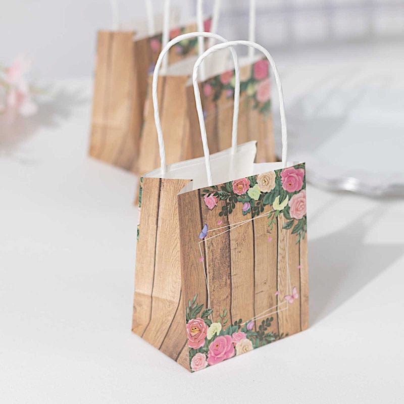 12 Natural Wood Print Paper Gift Bags with Rose Floral Accent