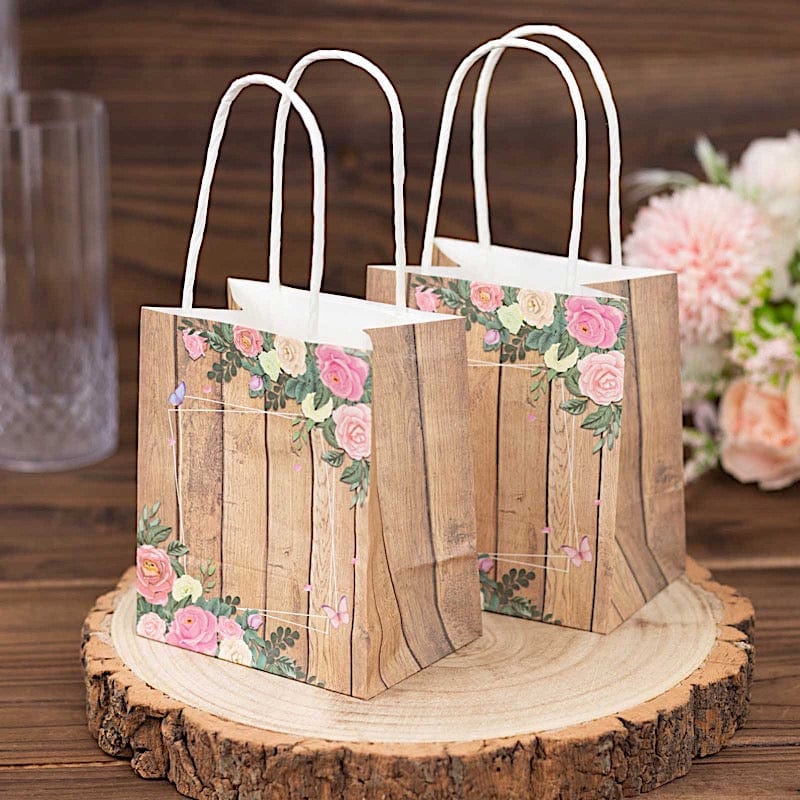 12 Natural Wood Print Paper Gift Bags with Rose Floral Accent