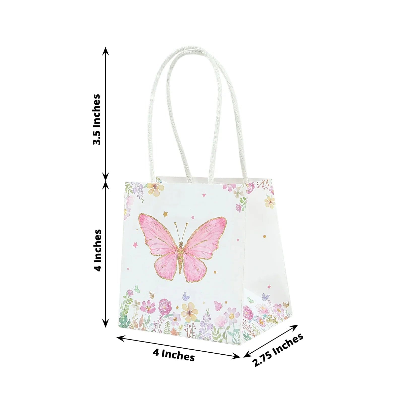 12 Pink Glitter Butterfly Paper White Favor Bags with Handles