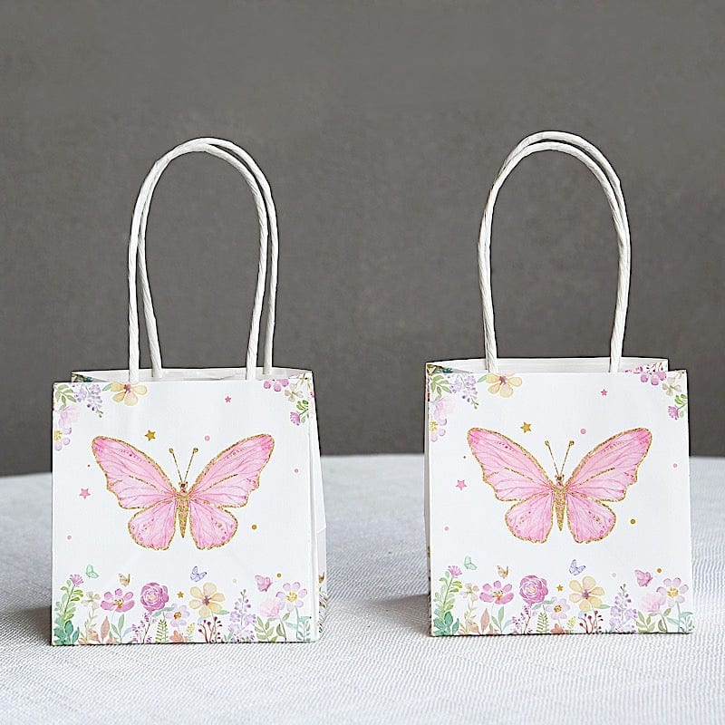 12 Pink Glitter Butterfly Paper White Favor Bags with Handles