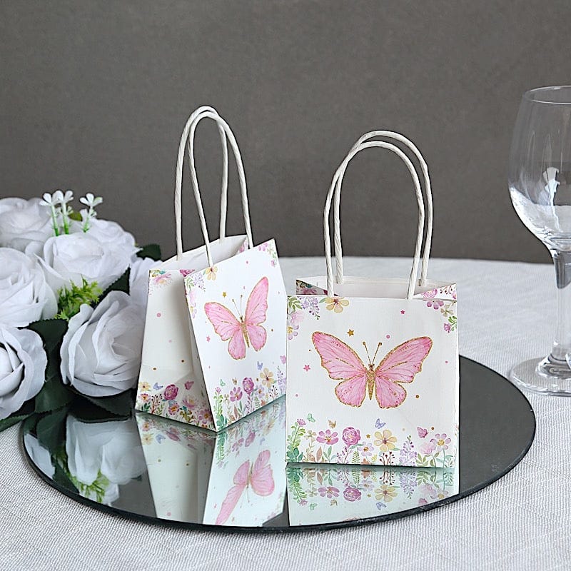 12 Pink Glitter Butterfly Paper White Favor Bags with Handles