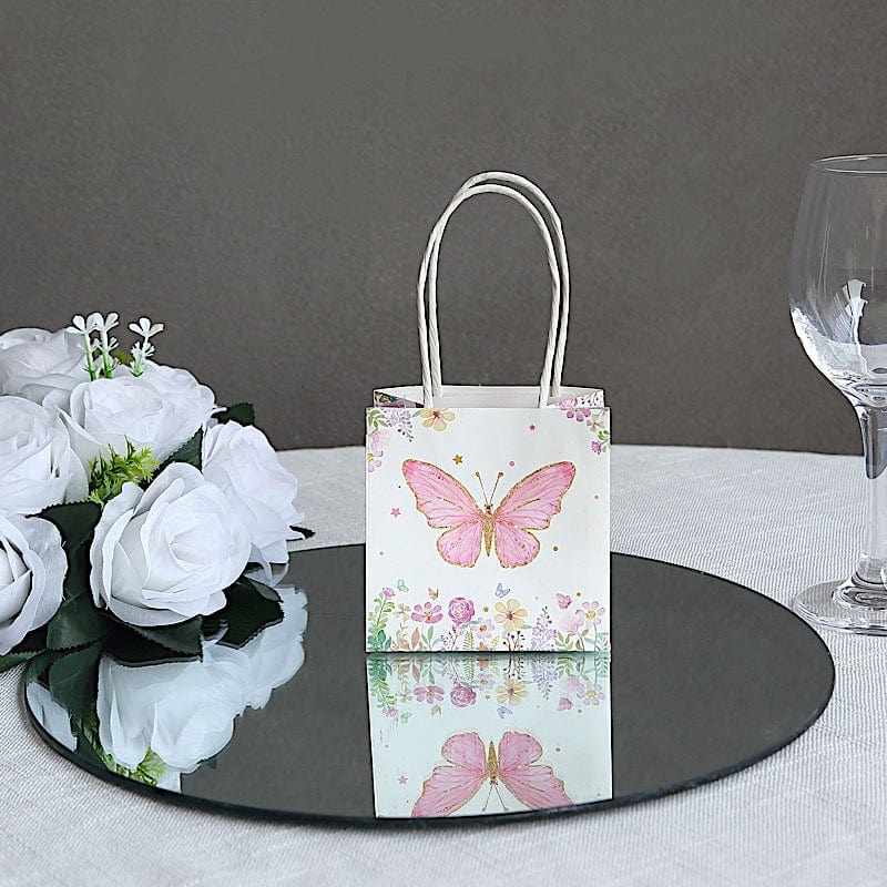 12 Pink Glitter Butterfly Paper White Favor Bags with Handles