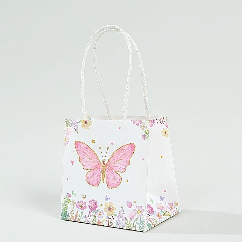 12 Pink Glitter Butterfly Paper White Favor Bags with Handles