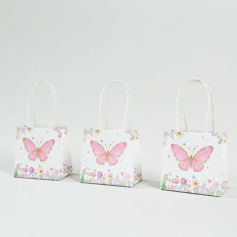 12 Pink Glitter Butterfly Paper White Favor Bags with Handles