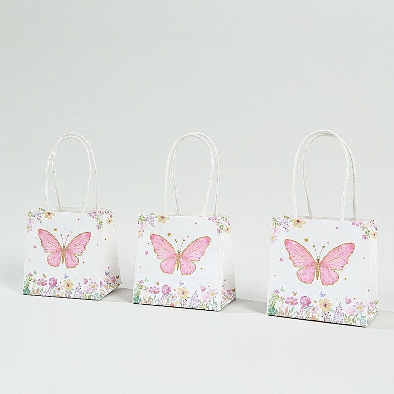 12 Pink Glitter Butterfly Paper White Favor Bags with Handles