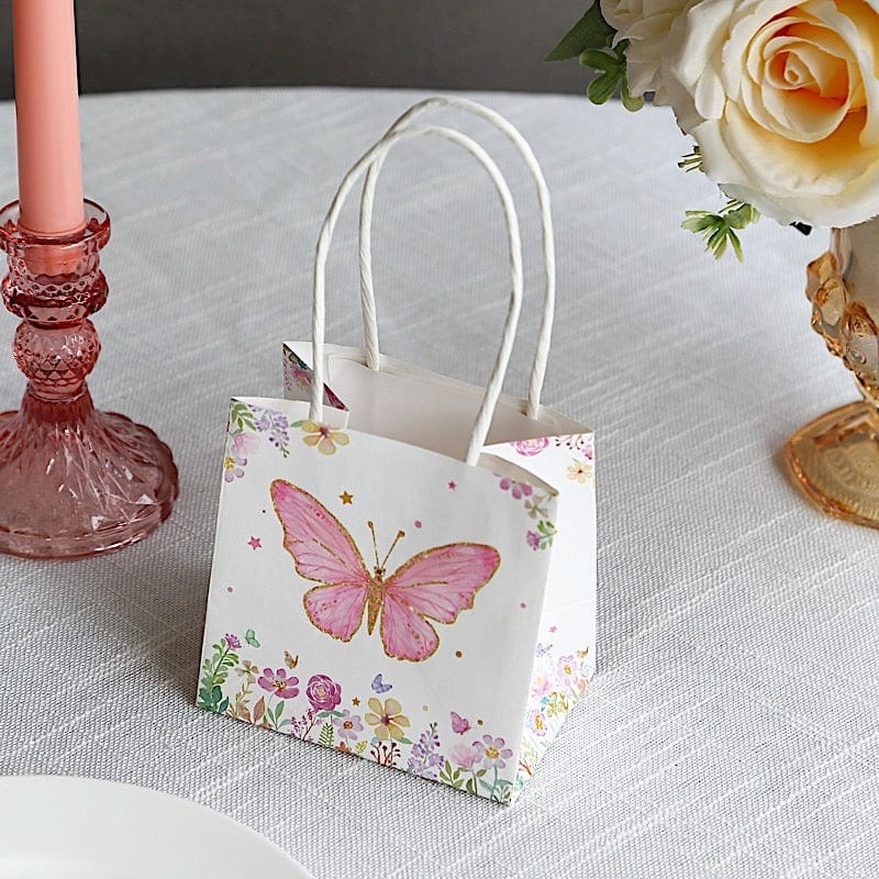 12 Pink Glitter Butterfly Paper White Favor Bags with Handles