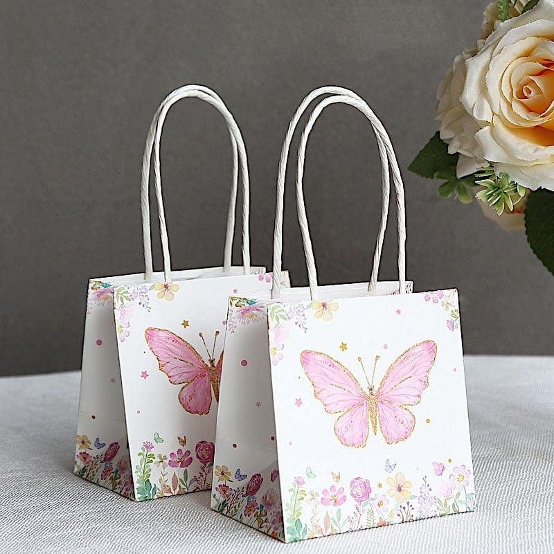 12 Pink Glitter Butterfly Paper White Favor Bags with Handles