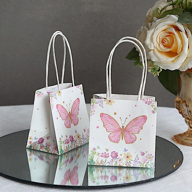 12 Pink Glitter Butterfly Paper White Favor Bags with Handles