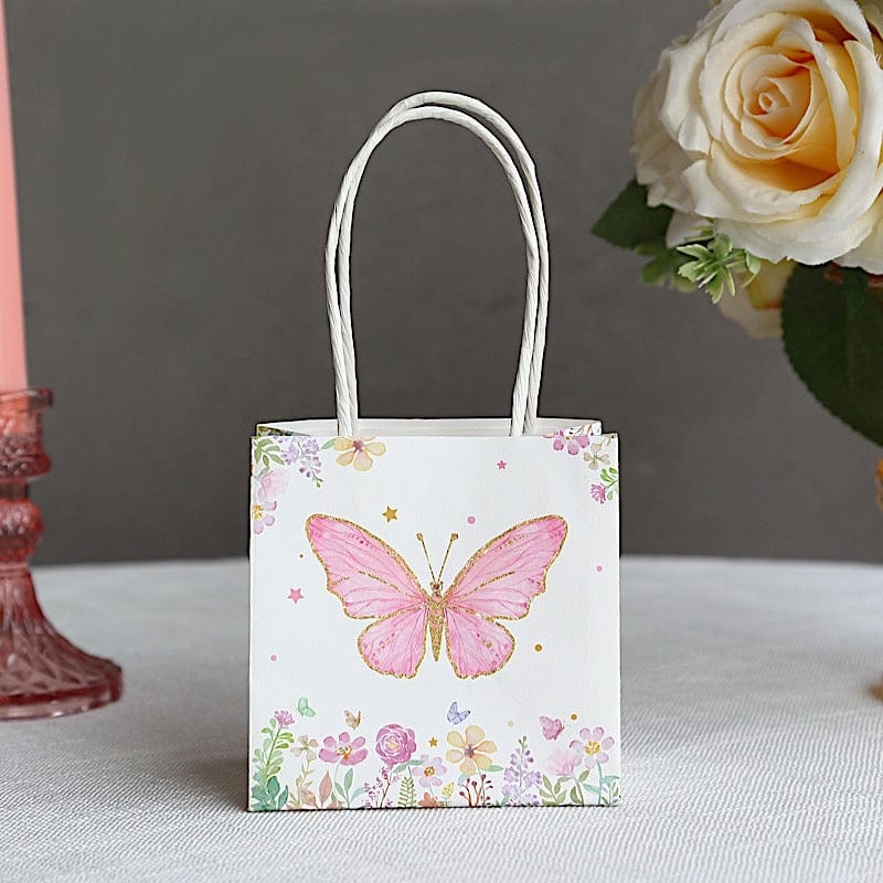 12 Pink Glitter Butterfly Paper White Favor Bags with Handles