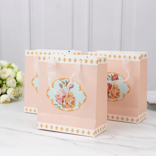 12 Vintage Rose 6x7 in Floral Paper Gift Bags with Ribbon Handles