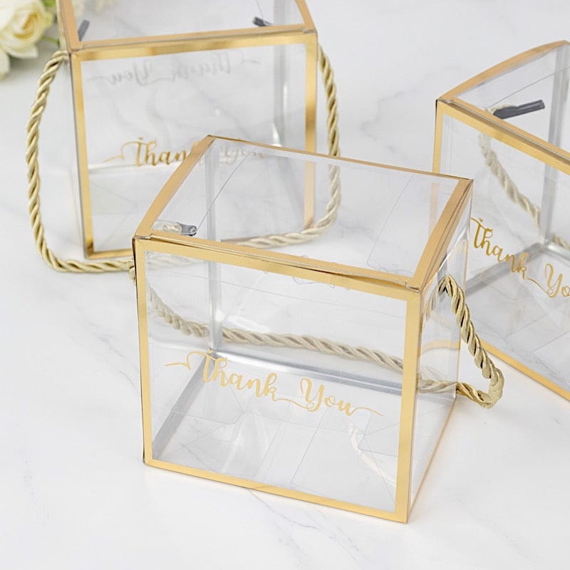 25 Gold and Clear 4x4 in PVC Favor Boxes with Rope Handles and Thank You Print