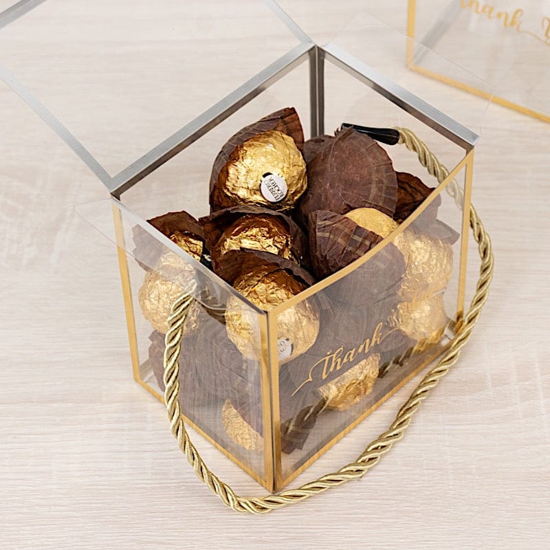 25 Gold and Clear 4x4 in PVC Favor Boxes with Rope Handles and Thank You Print
