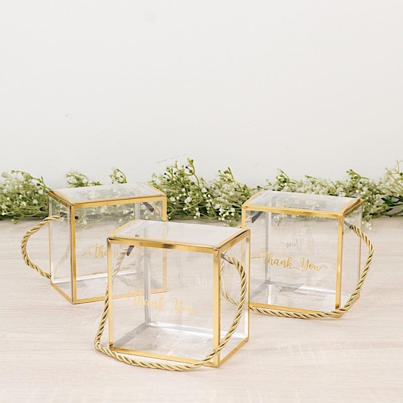 25 Gold and Clear 4x4 in PVC Favor Boxes with Rope Handles and Thank You Print
