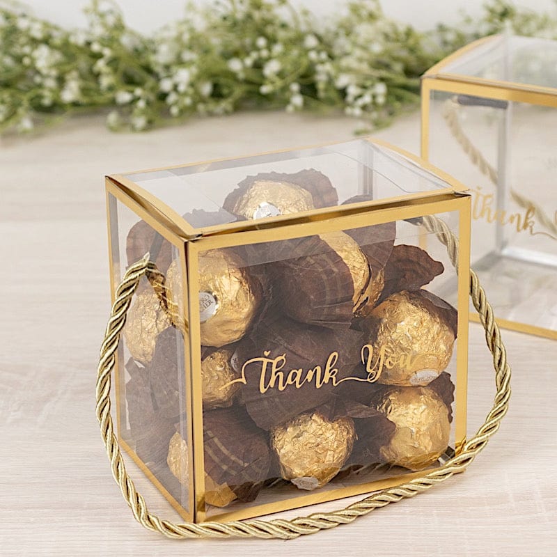 25 Gold and Clear 4x4 in PVC Favor Boxes with Rope Handles and Thank You Print