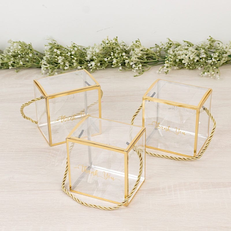 25 Gold and Clear 4x4 in PVC Favor Boxes with Rope Handles and Thank You Print