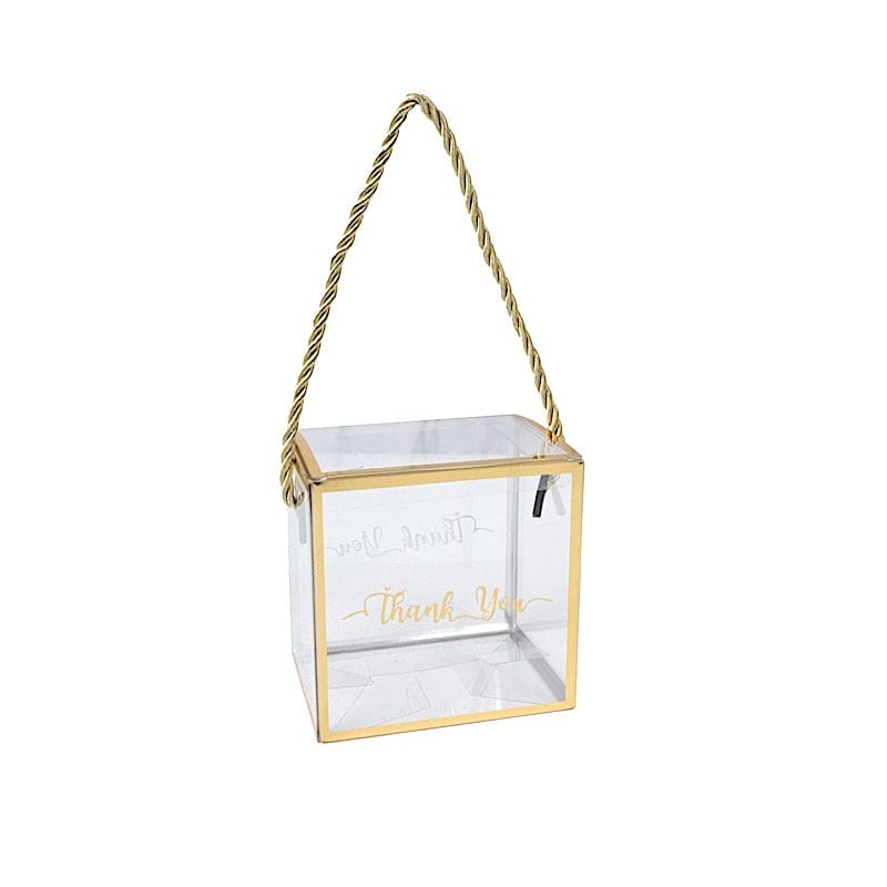 25 Gold and Clear 4x4 in PVC Favor Boxes with Rope Handles and Thank You Print