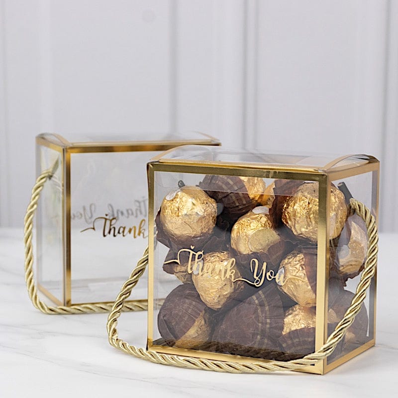 25 Gold and Clear 4x4 in PVC Favor Boxes with Rope Handles and Thank You Print