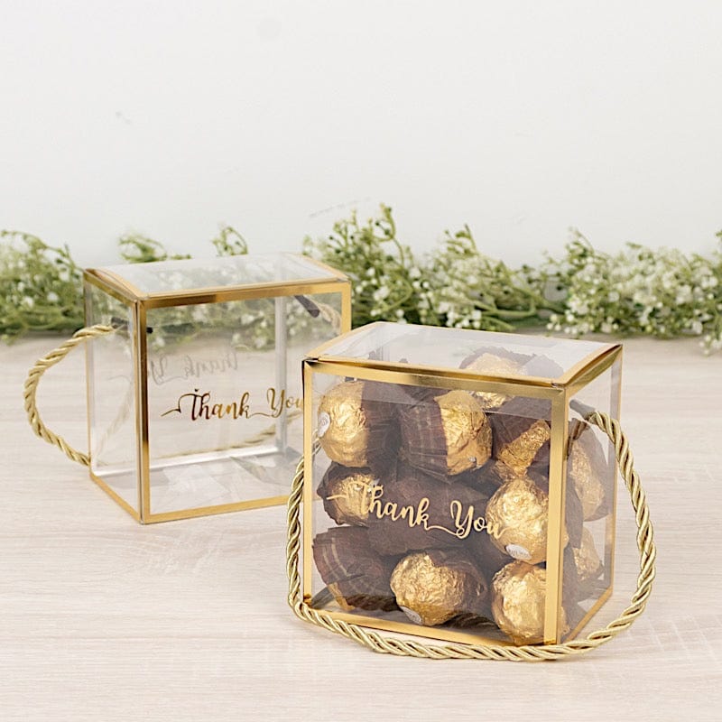 25 Gold and Clear 4x4 in PVC Favor Boxes with Rope Handles and Thank You Print