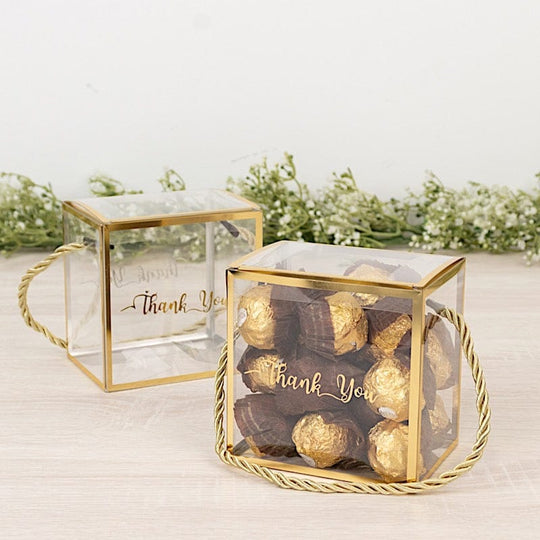25 Gold and Clear 4x4 in PVC Favor Boxes with Rope Handles and Thank You Print