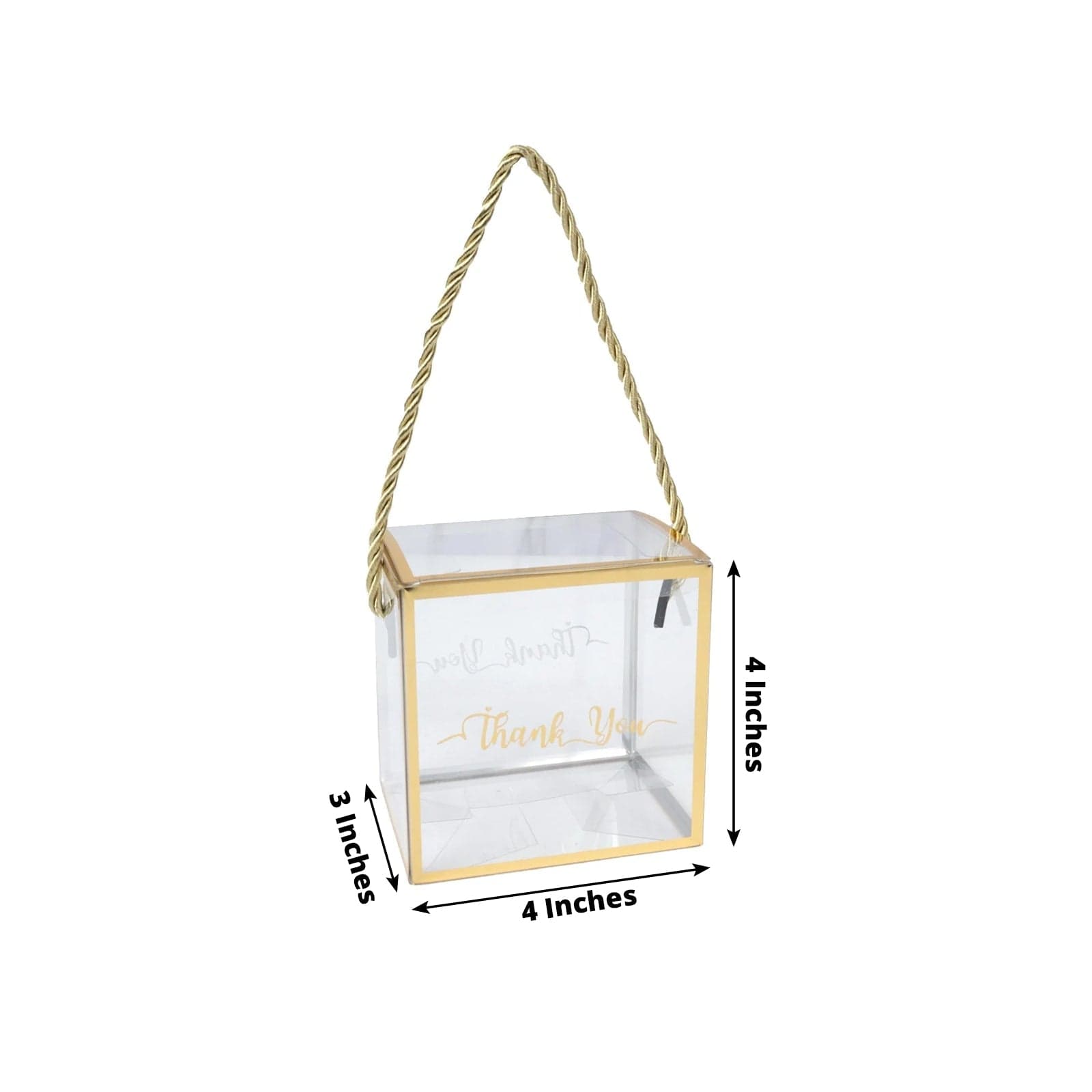 25 Gold and Clear 4x4 in PVC Favor Boxes with Rope Handles and Thank You Print