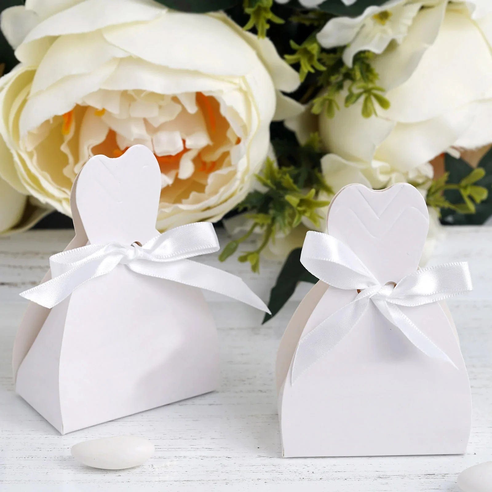 100 White Wedding Dress Favor Gift Boxes with Ribbon Ties