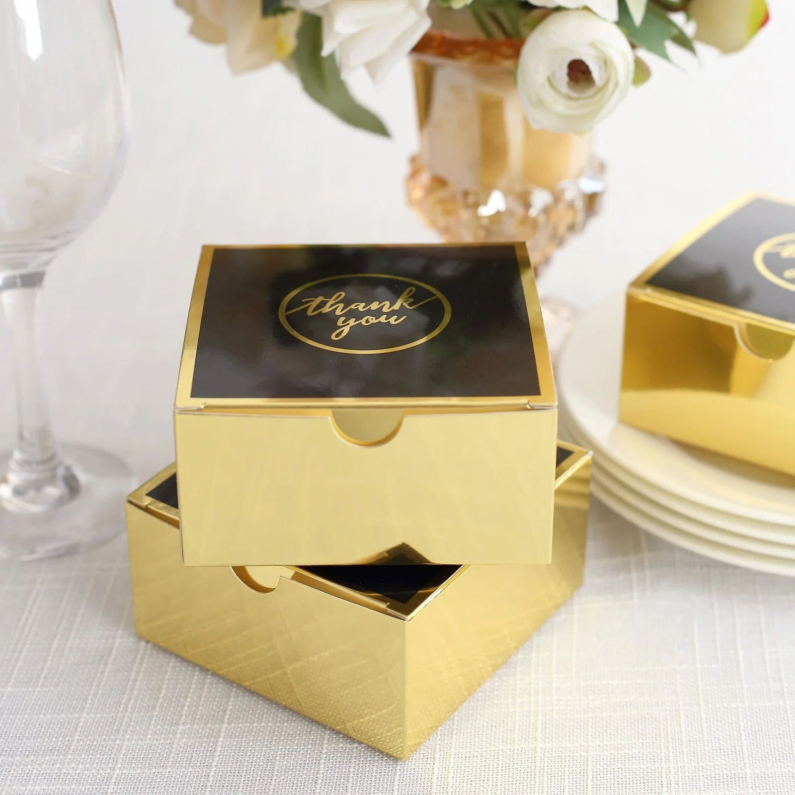 25 Gold and Black 4x4 in Gift Boxes with Thank You Print Favor Holders