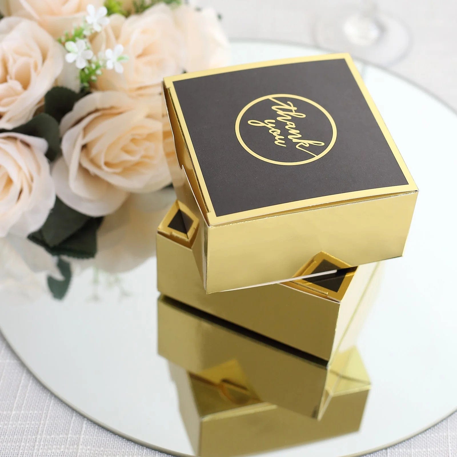 25 Gold and Black 4x4 in Gift Boxes with Thank You Print Favor Holders