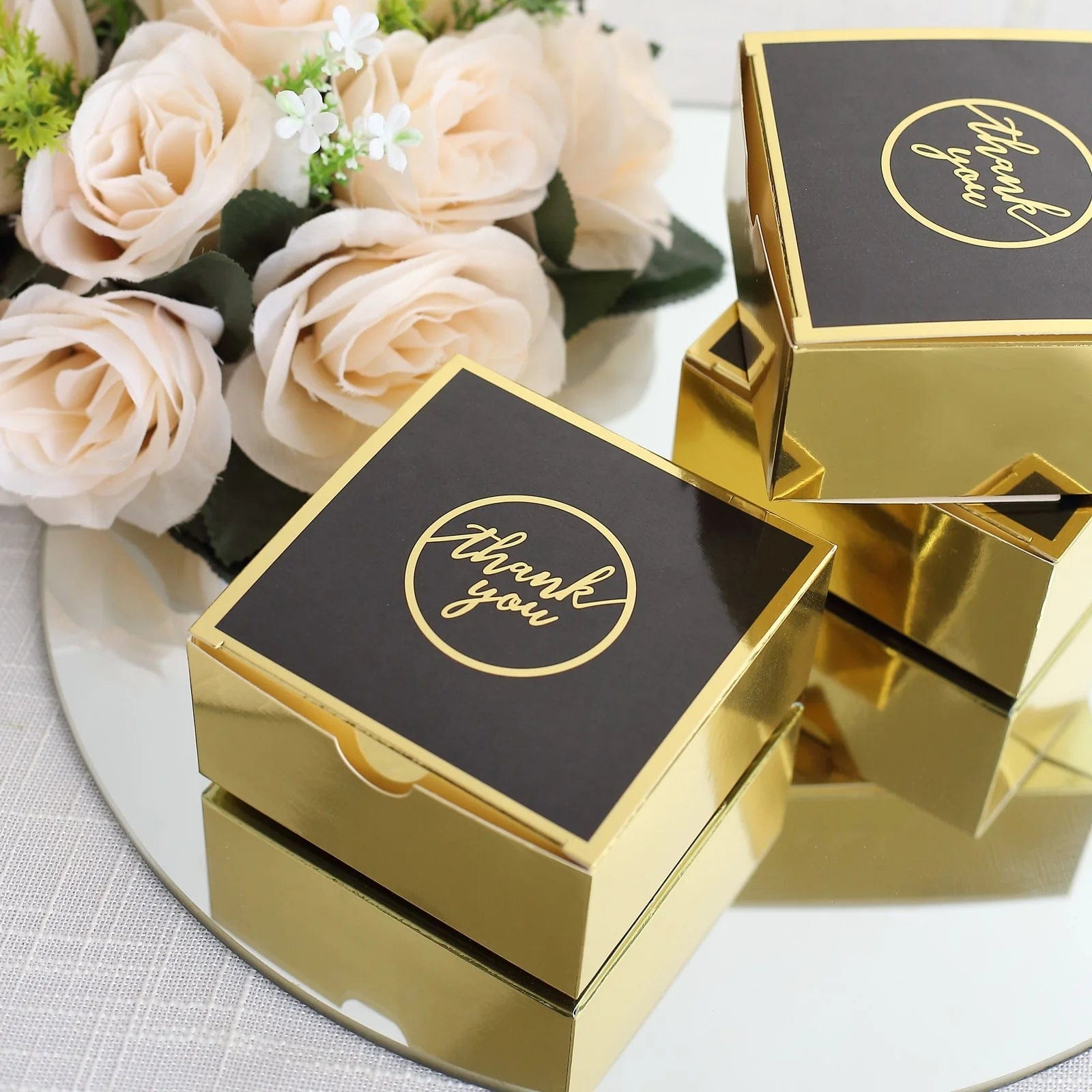 25 Gold and Black 4x4 in Gift Boxes with Thank You Print Favor Holders