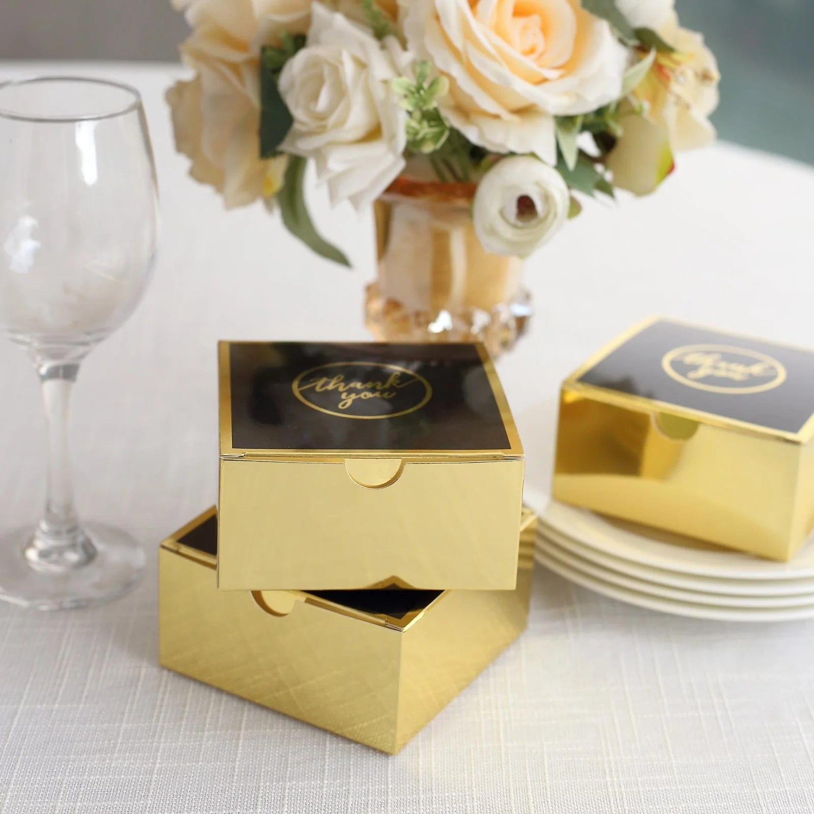 25 Gold and Black 4x4 in Gift Boxes with Thank You Print Favor Holders