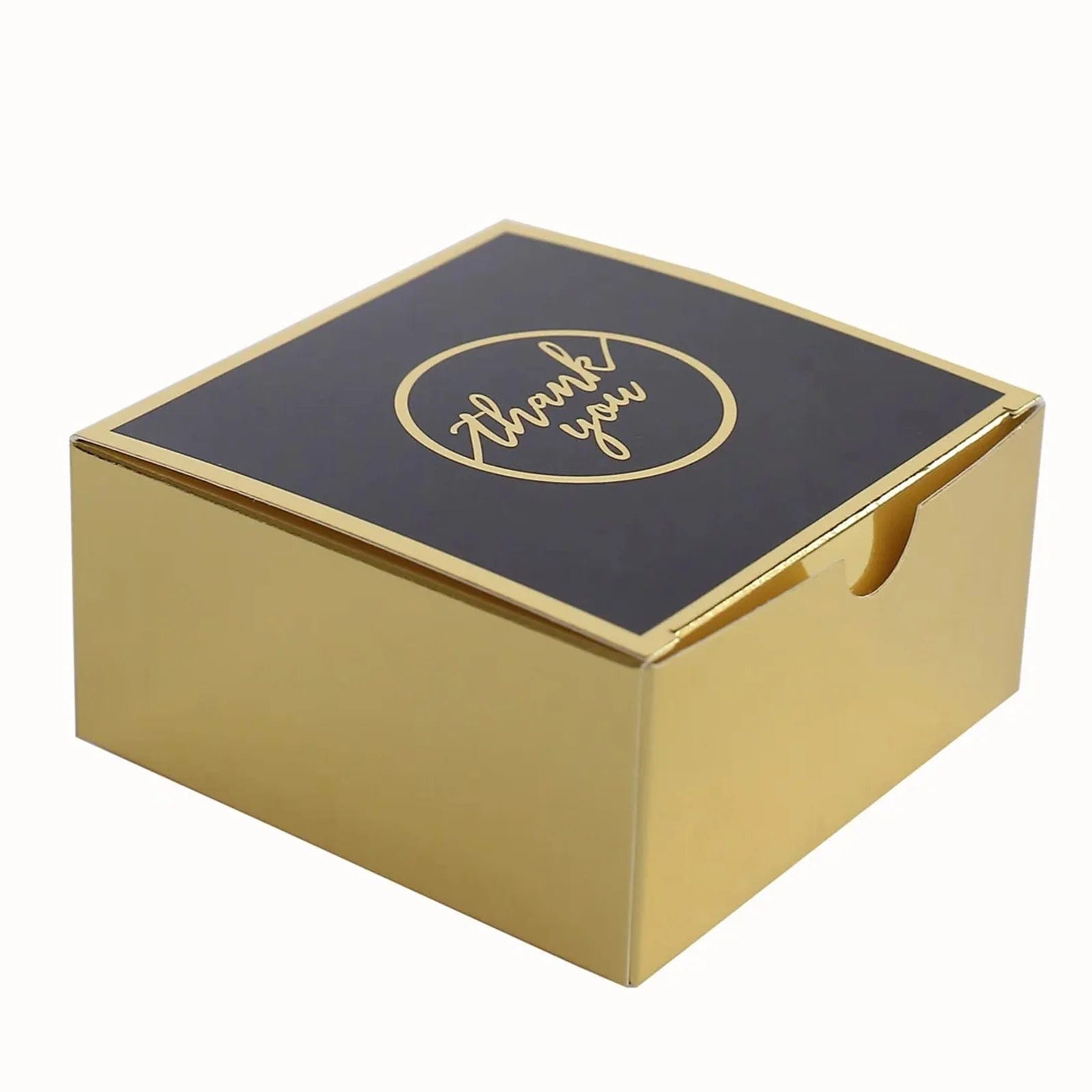 25 Gold and Black 4x4 in Gift Boxes with Thank You Print Favor Holders