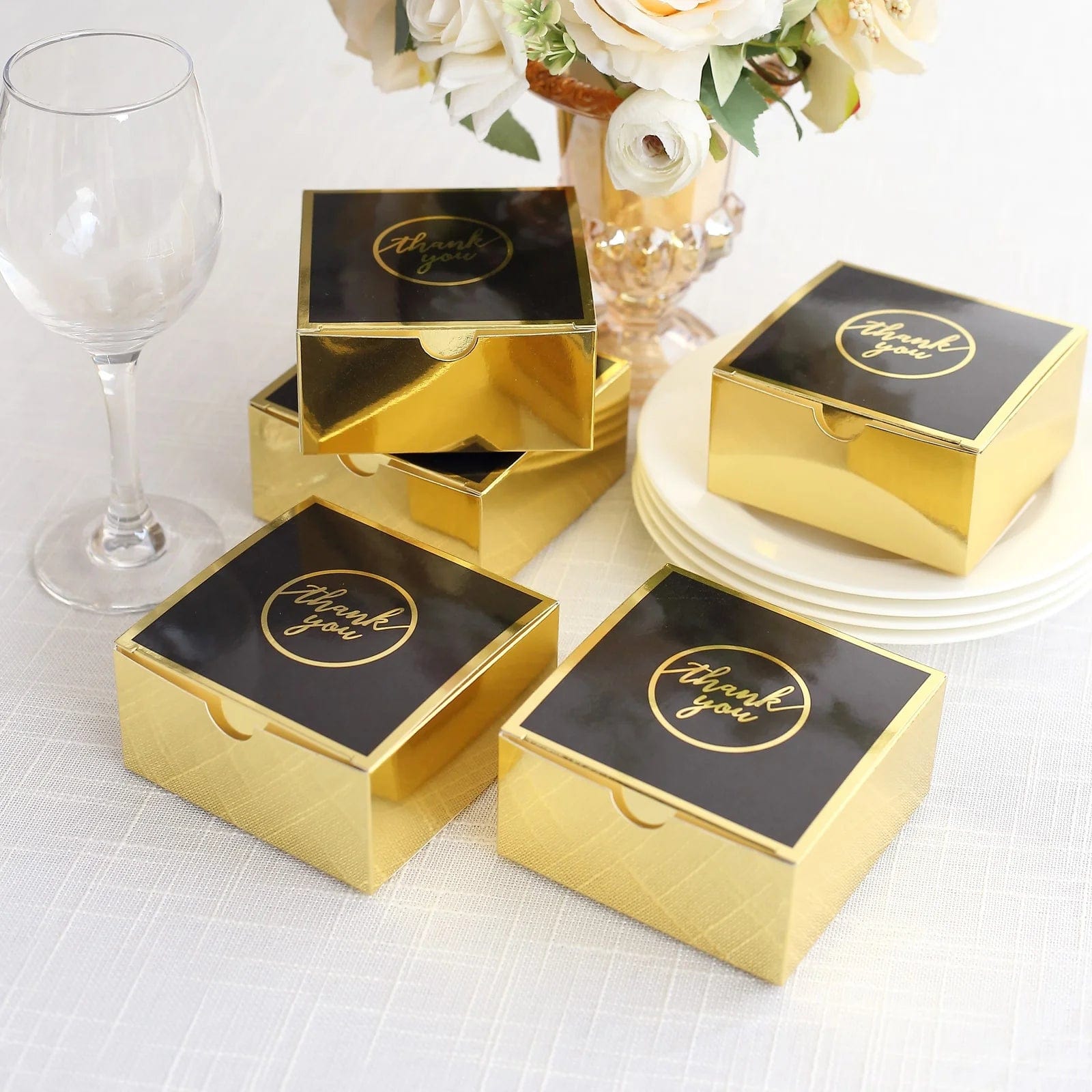 25 Gold and Black 4x4 in Gift Boxes with Thank You Print Favor Holders