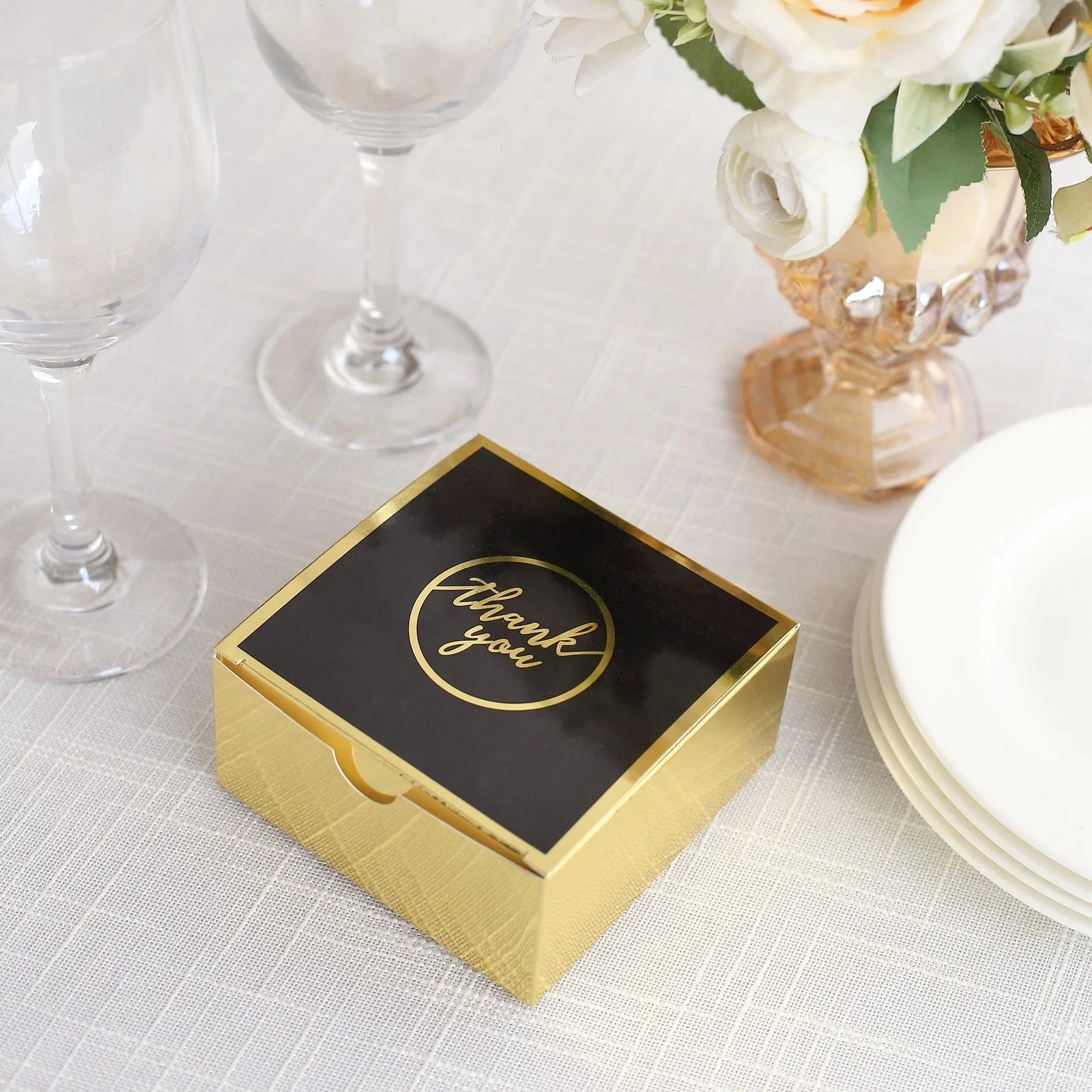 25 Gold and Black 4x4 in Gift Boxes with Thank You Print Favor Holders