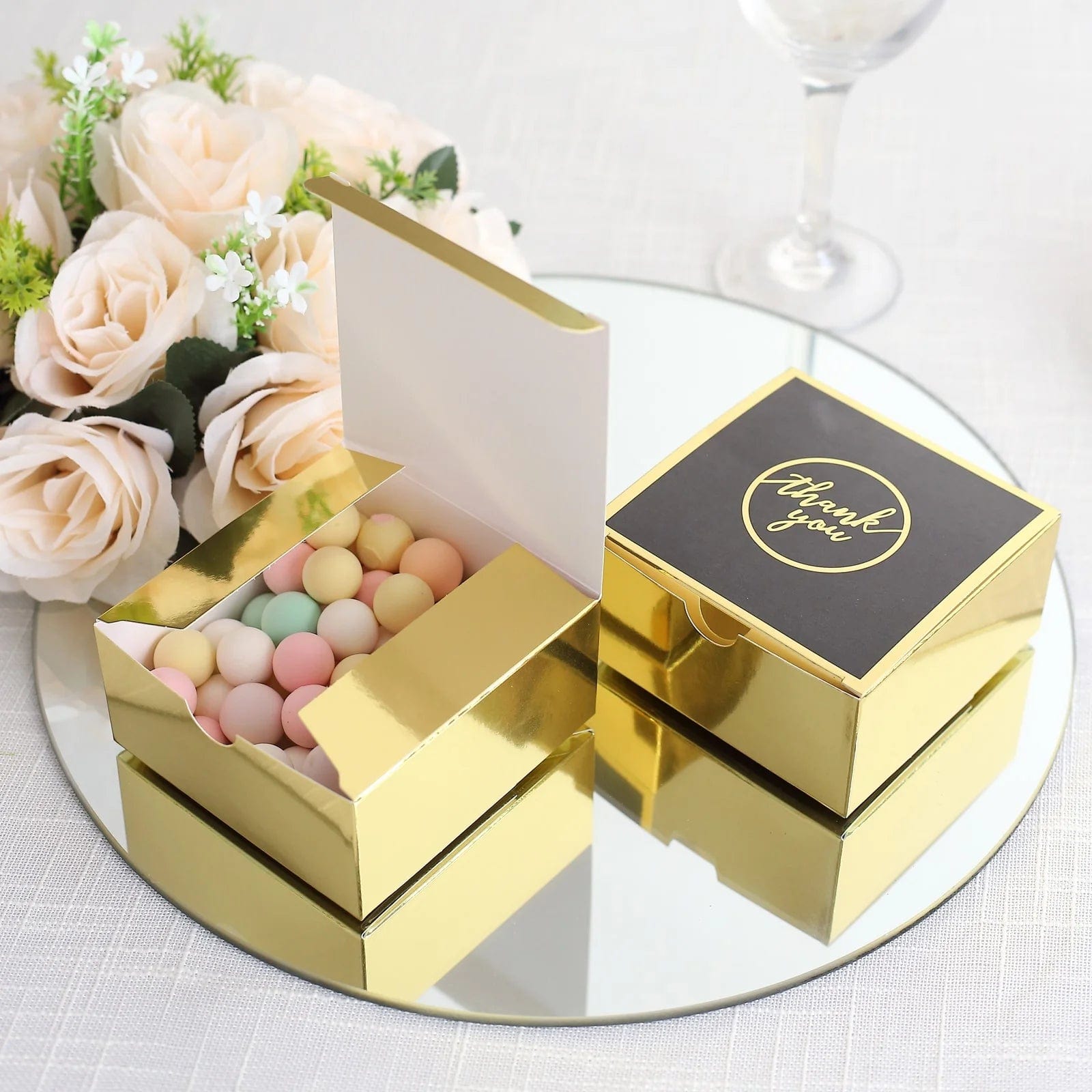 25 Gold and Black 4x4 in Gift Boxes with Thank You Print Favor Holders