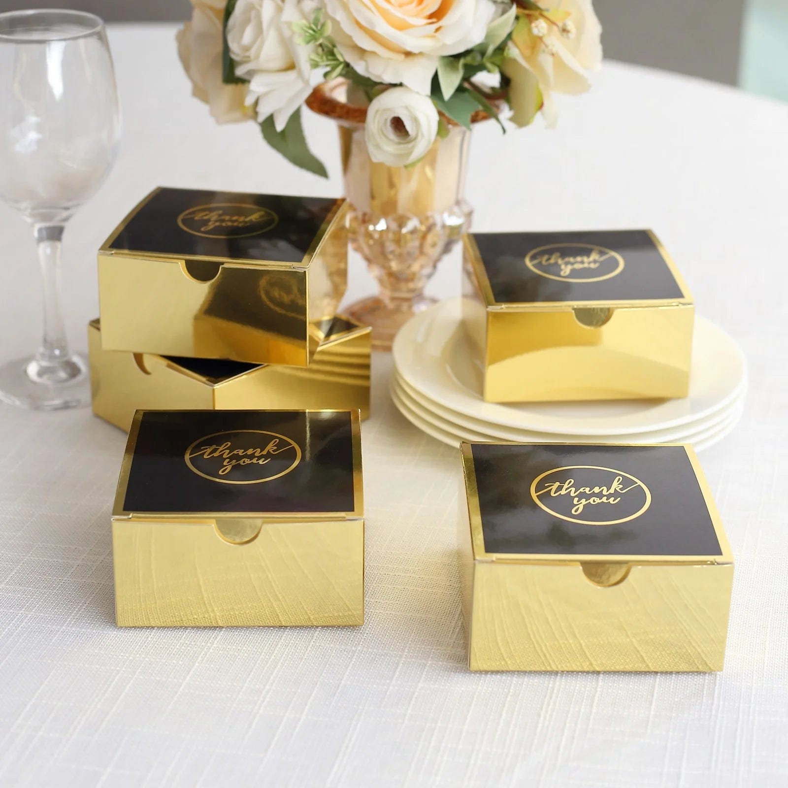 25 Gold and Black 4x4 in Gift Boxes with Thank You Print Favor Holders