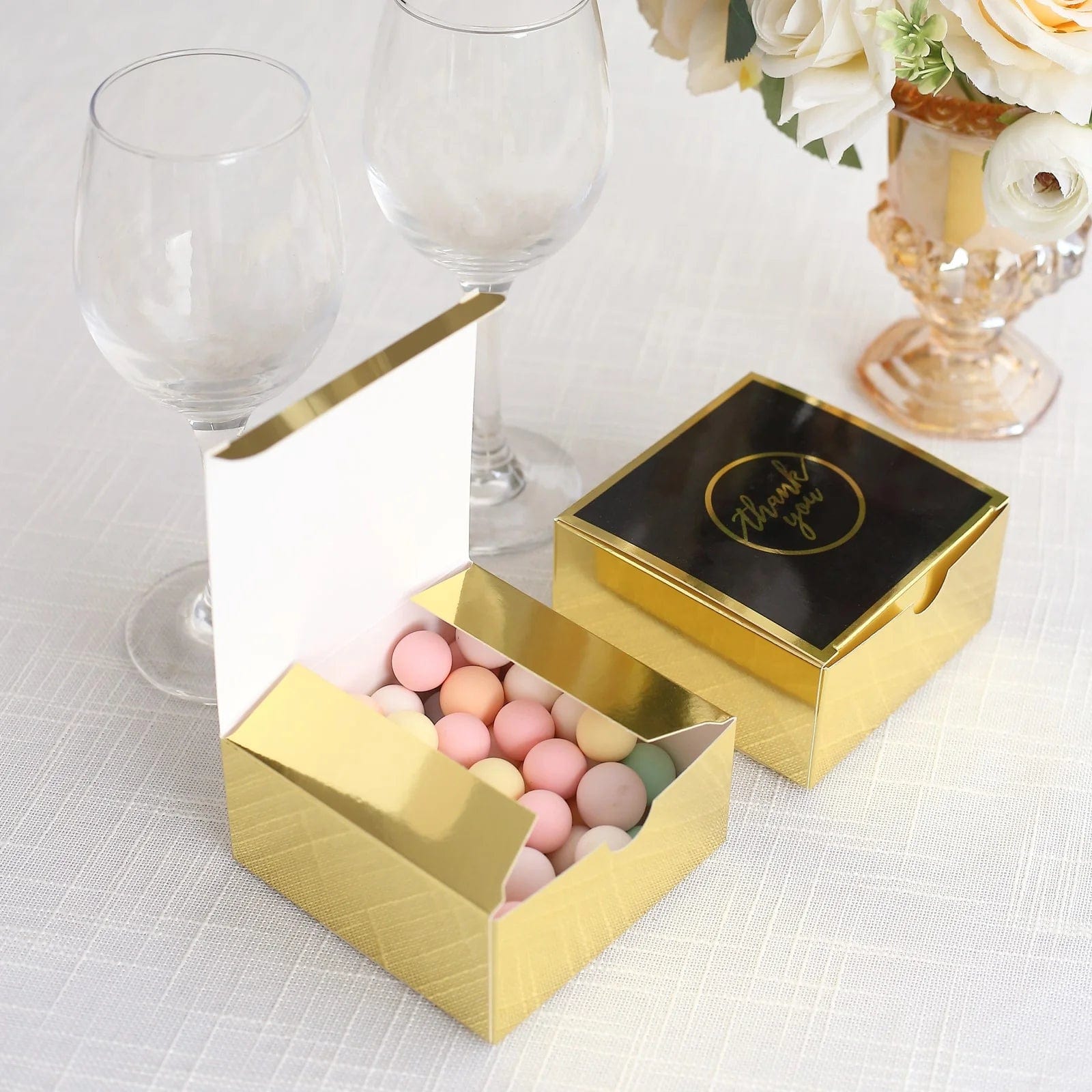 25 Gold and Black 4x4 in Gift Boxes with Thank You Print Favor Holders