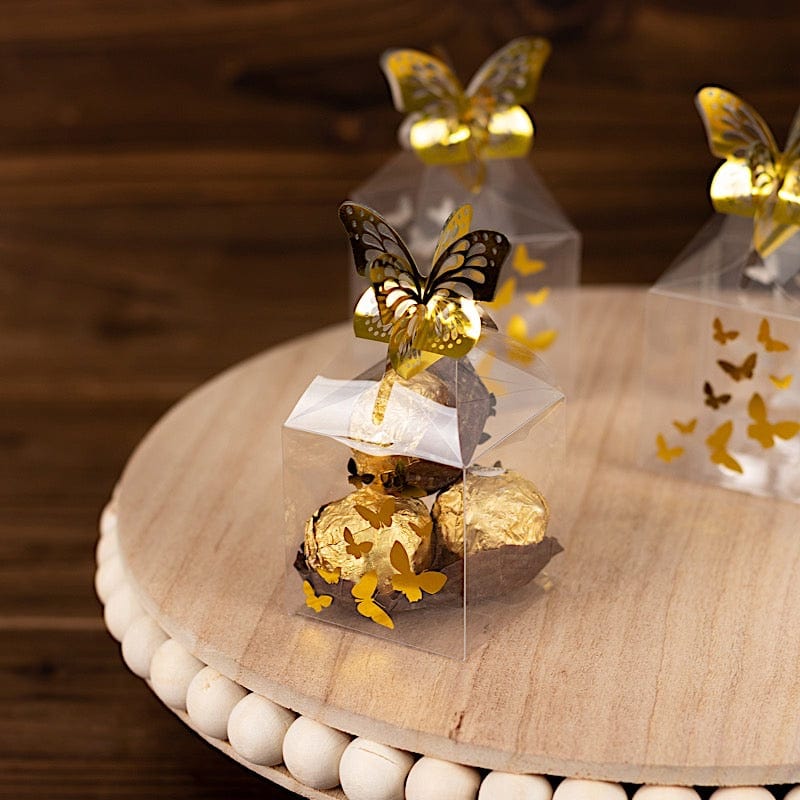 25 Clear Plastic Square Candy Gift Boxes with Gold Butterfly Top