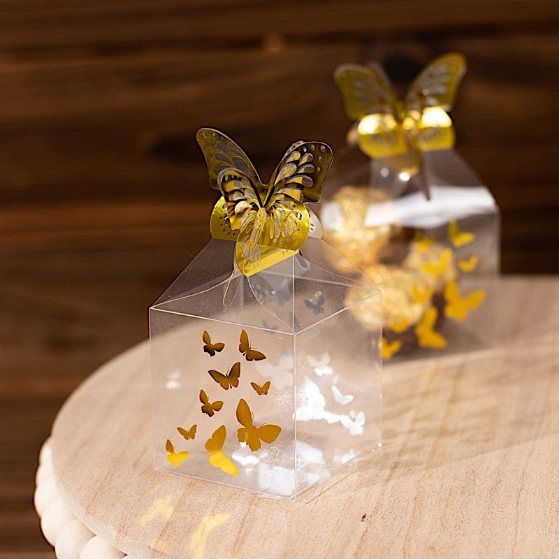 25 Clear Plastic Square Candy Gift Boxes with Gold Butterfly Top