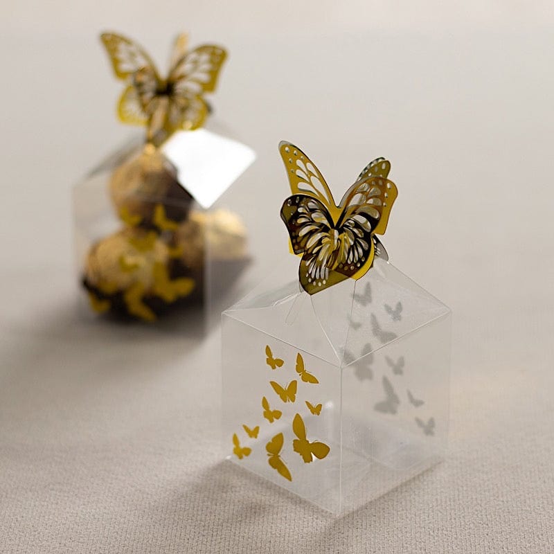 25 Clear Plastic Square Candy Gift Boxes with Gold Butterfly Top