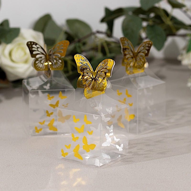 25 Clear Plastic Square Candy Gift Boxes with Gold Butterfly Top