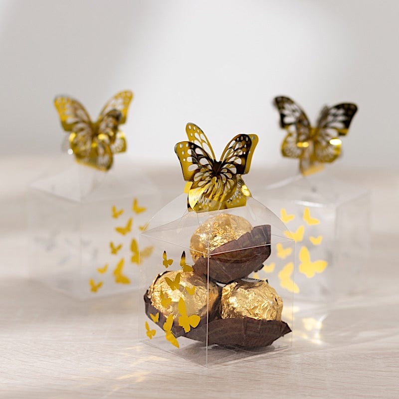 25 Clear Plastic Square Candy Gift Boxes with Gold Butterfly Top