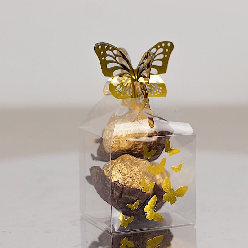 25 Clear Plastic Square Candy Gift Boxes with Gold Butterfly Top