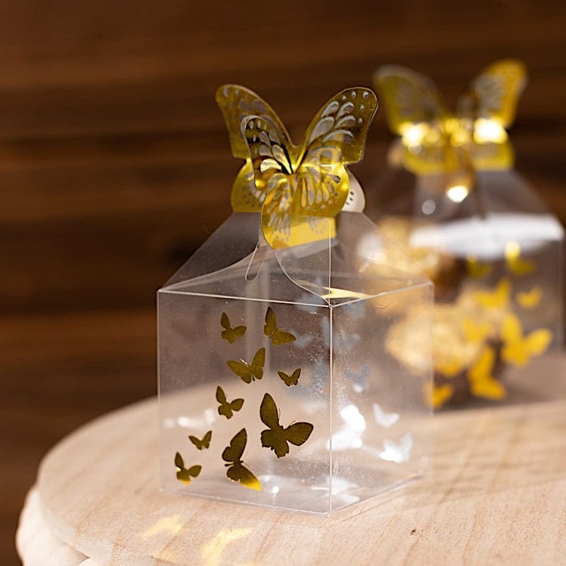 25 Clear Plastic Square Candy Gift Boxes with Gold Butterfly Top