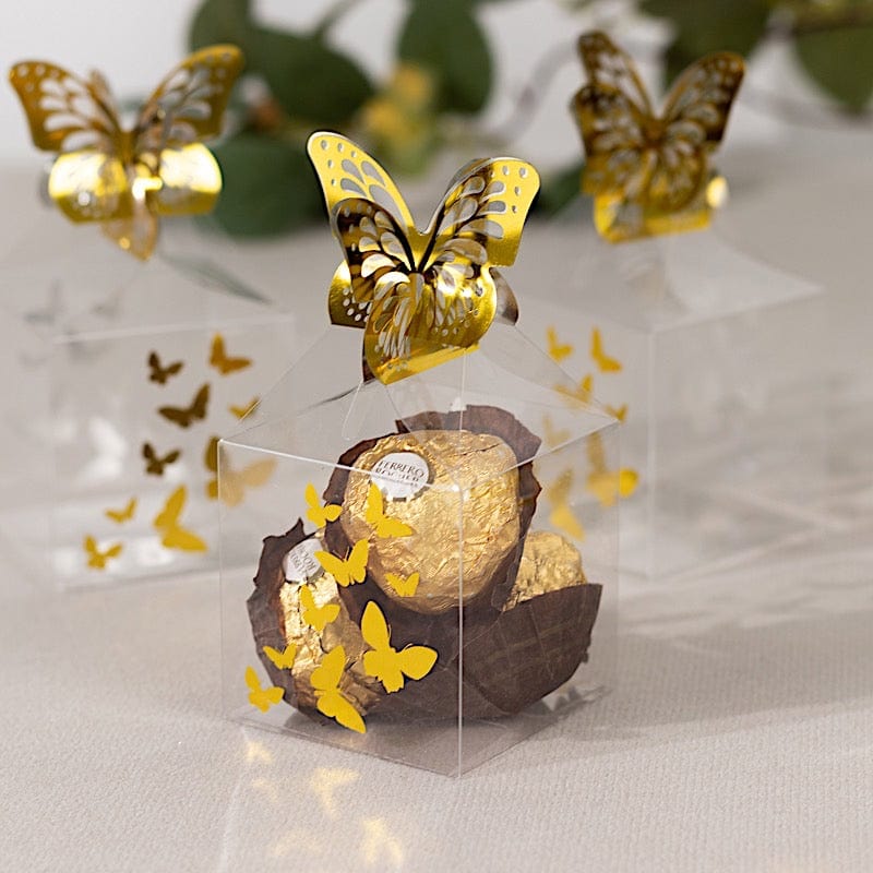 25 Clear Plastic Square Candy Gift Boxes with Gold Butterfly Top