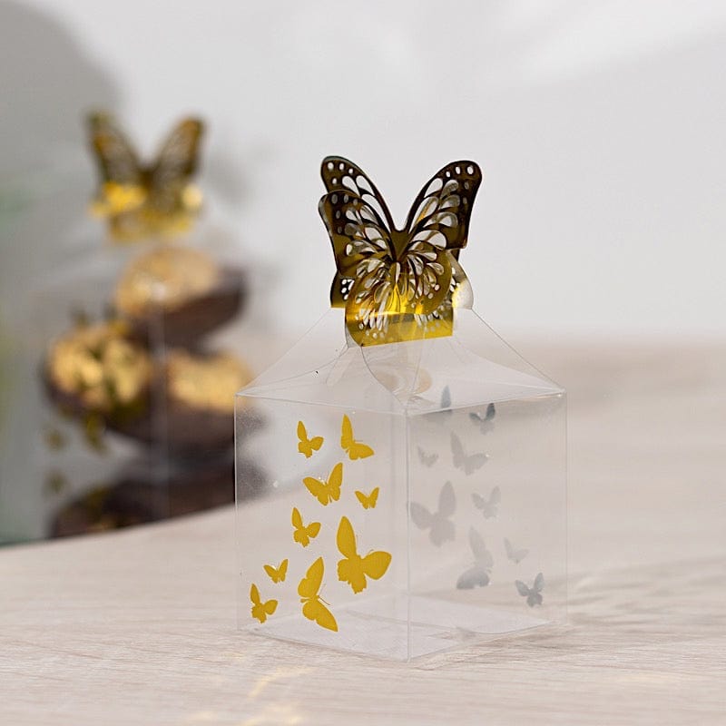 25 Clear Plastic Square Candy Gift Boxes with Gold Butterfly Top