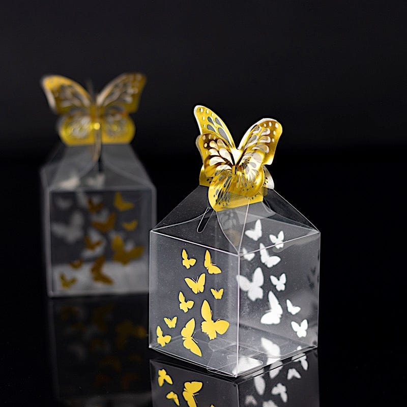 25 Clear Plastic Square Candy Gift Boxes with Gold Butterfly Top