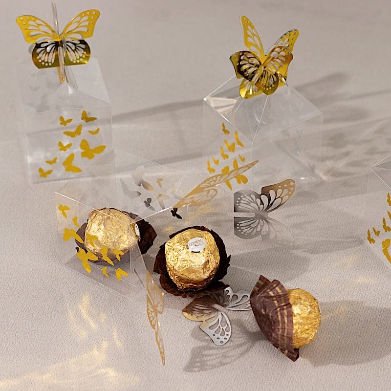 25 Clear Plastic Square Candy Gift Boxes with Gold Butterfly Top